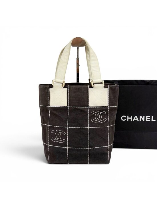 Chanel Handbags - Chanel Wild Stitch Mini Tote CC Logo Black White Canvas Chocolate